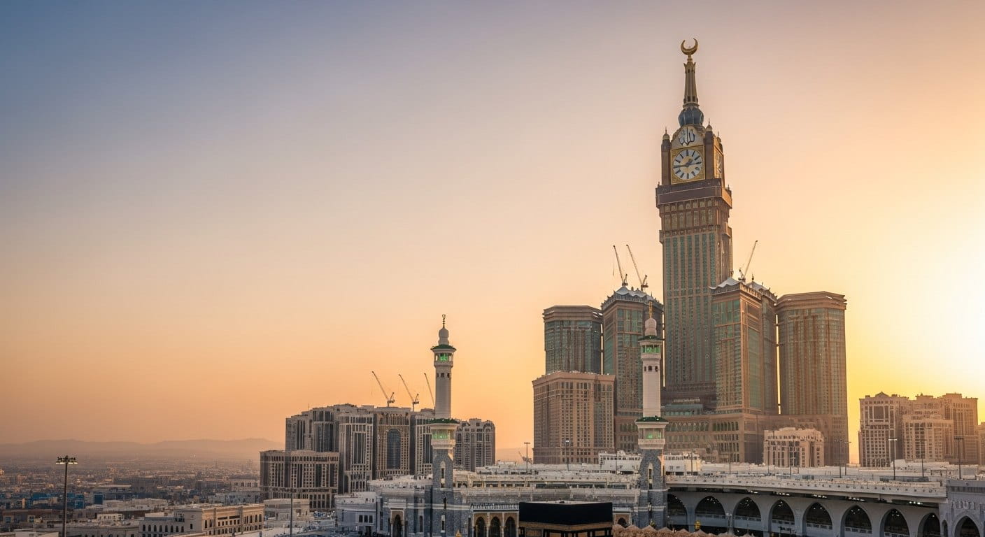 The Makkah skyline with the Grand Mosque and Abraj Al Bait Clock Tower at golden hour