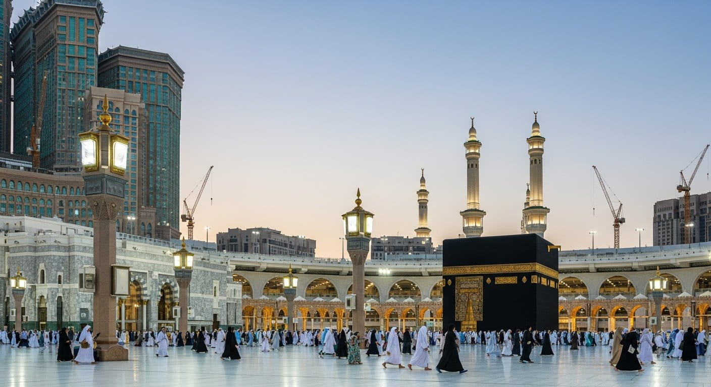 The Masjid al-Haram courtyard in Makkah at evening, with illuminated minarets
