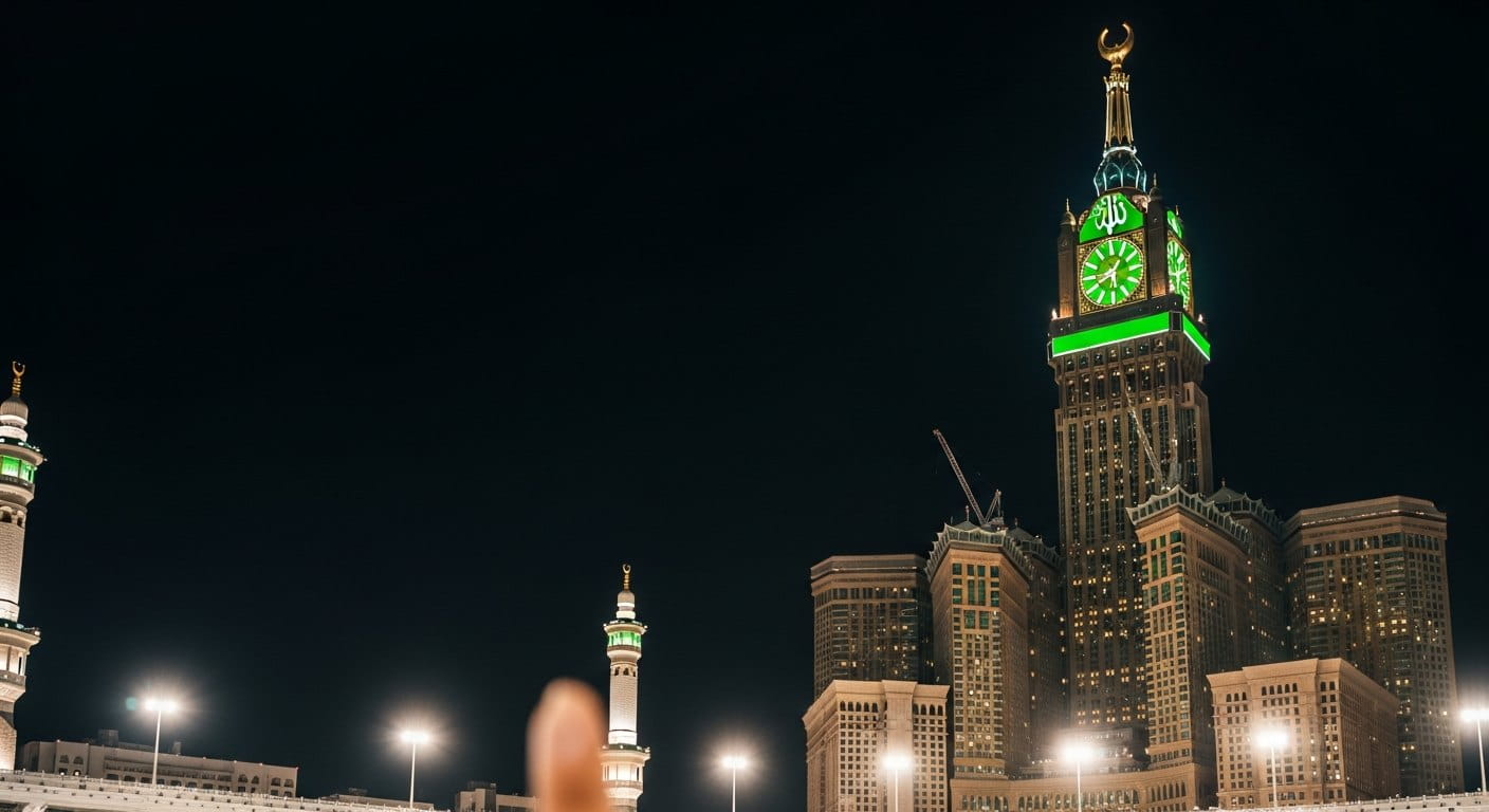 The Abraj Al Bait Clock Tower rising above the Grand Mosque in Makkah at night
