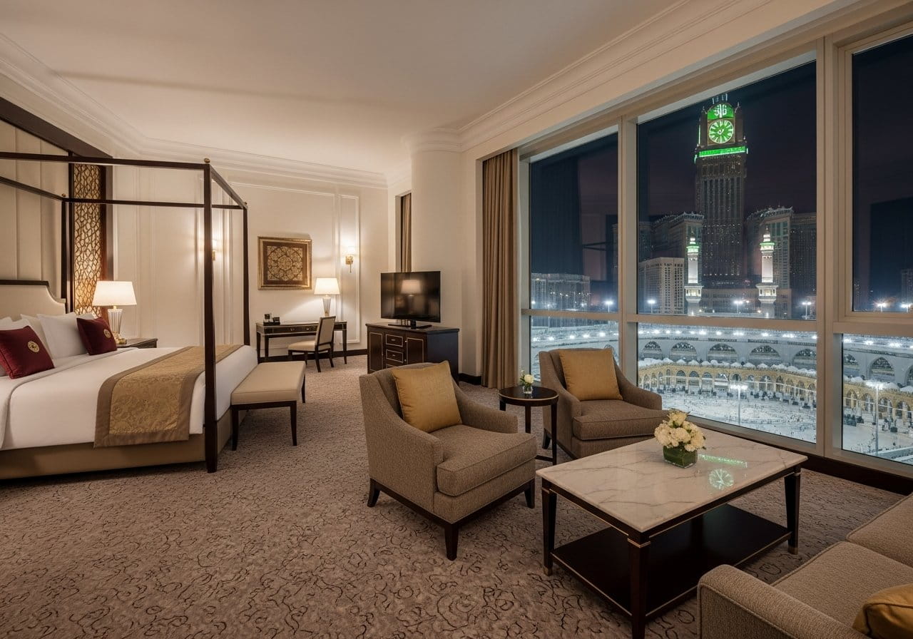 A luxurious 5-star suite overlooking the Grand Mosque in Makkah, illustrating our 5-star Umrah packages