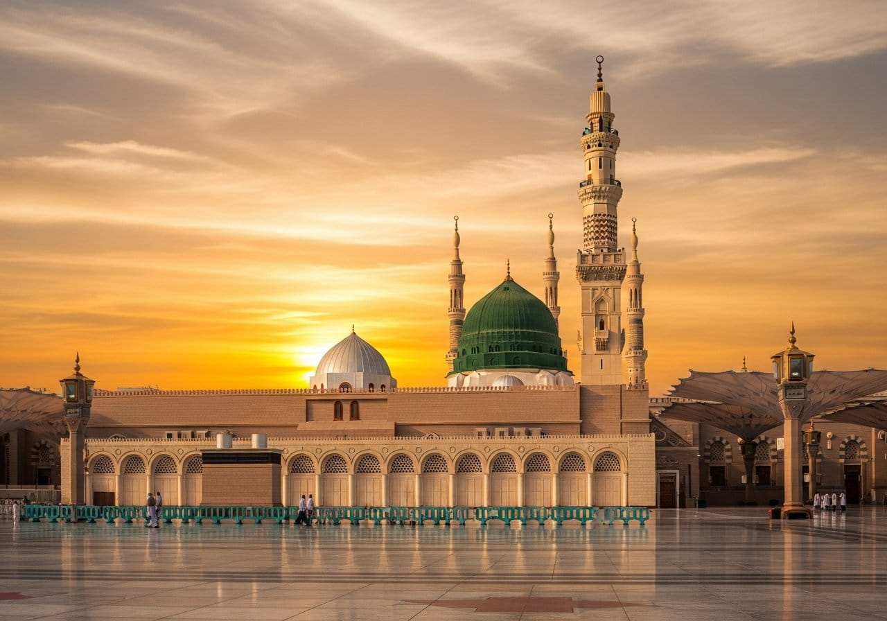 Masjid an-Nabawi and its green dome in Madinah, illustrating our 3-star Umrah packages