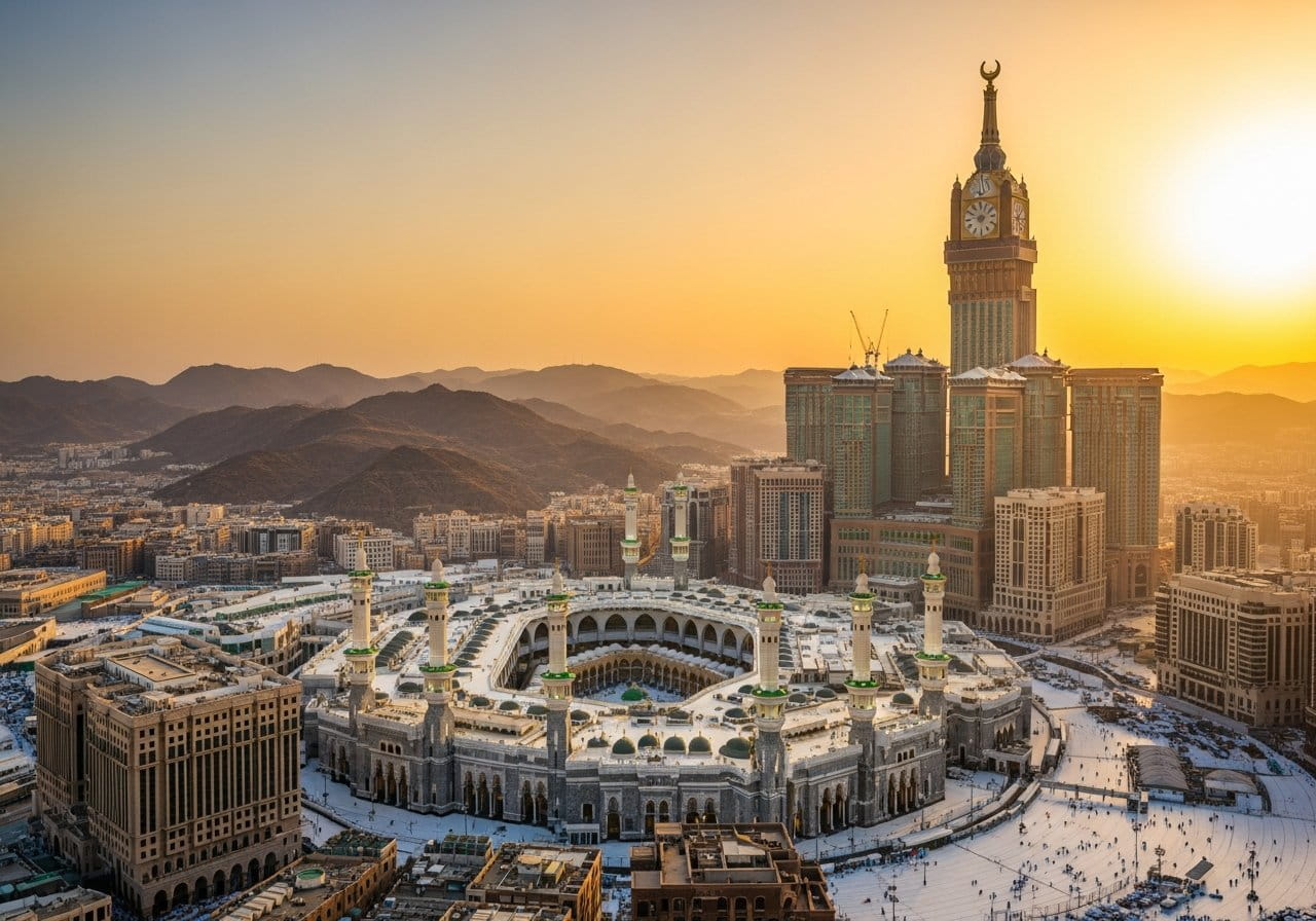 The Makkah skyline with the Abraj Al Bait Clock Tower, illustrating our 4-star Umrah packages